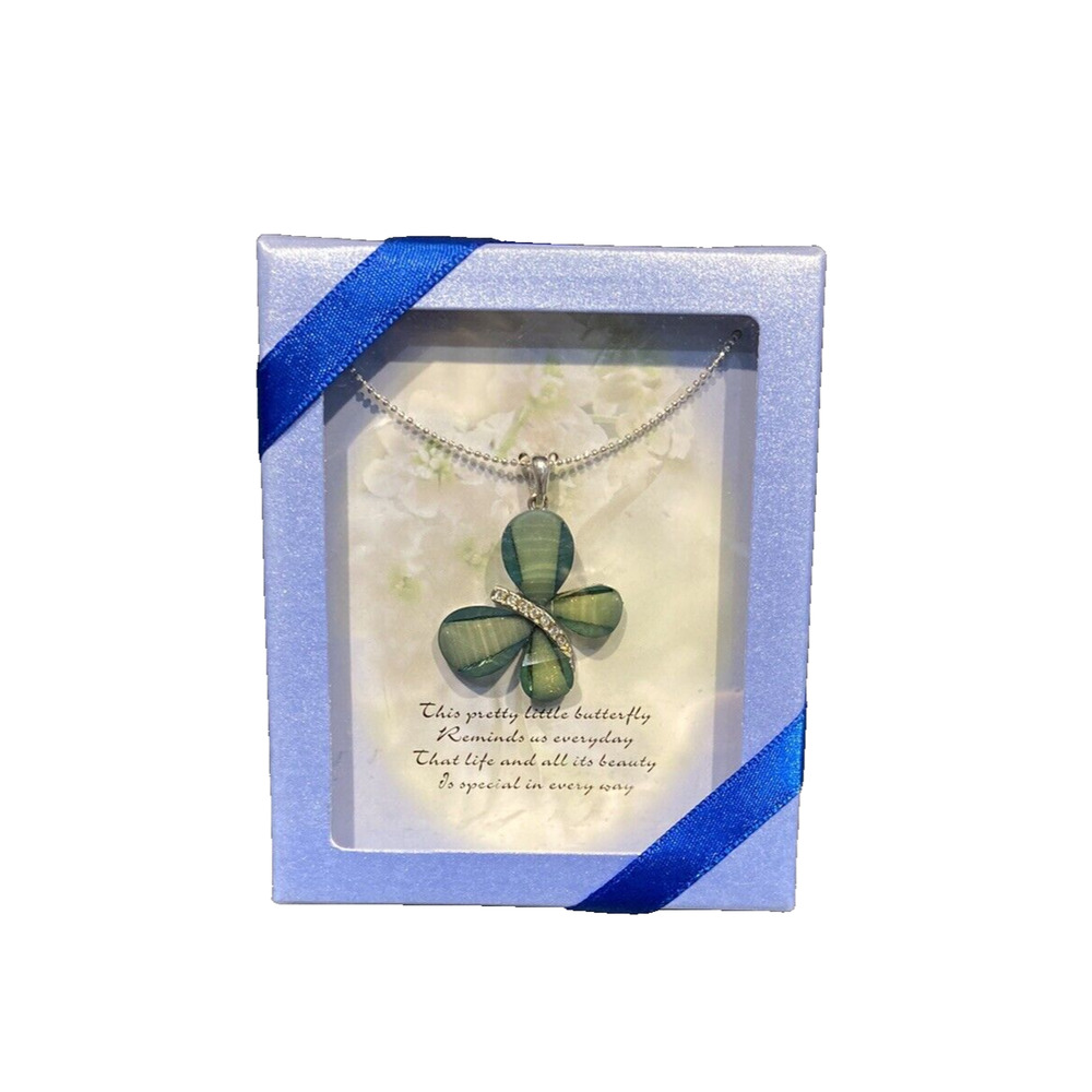 1980s Green Iridescent Butterfly Pendant Necklace Silver Tone Chain NIB Vintage